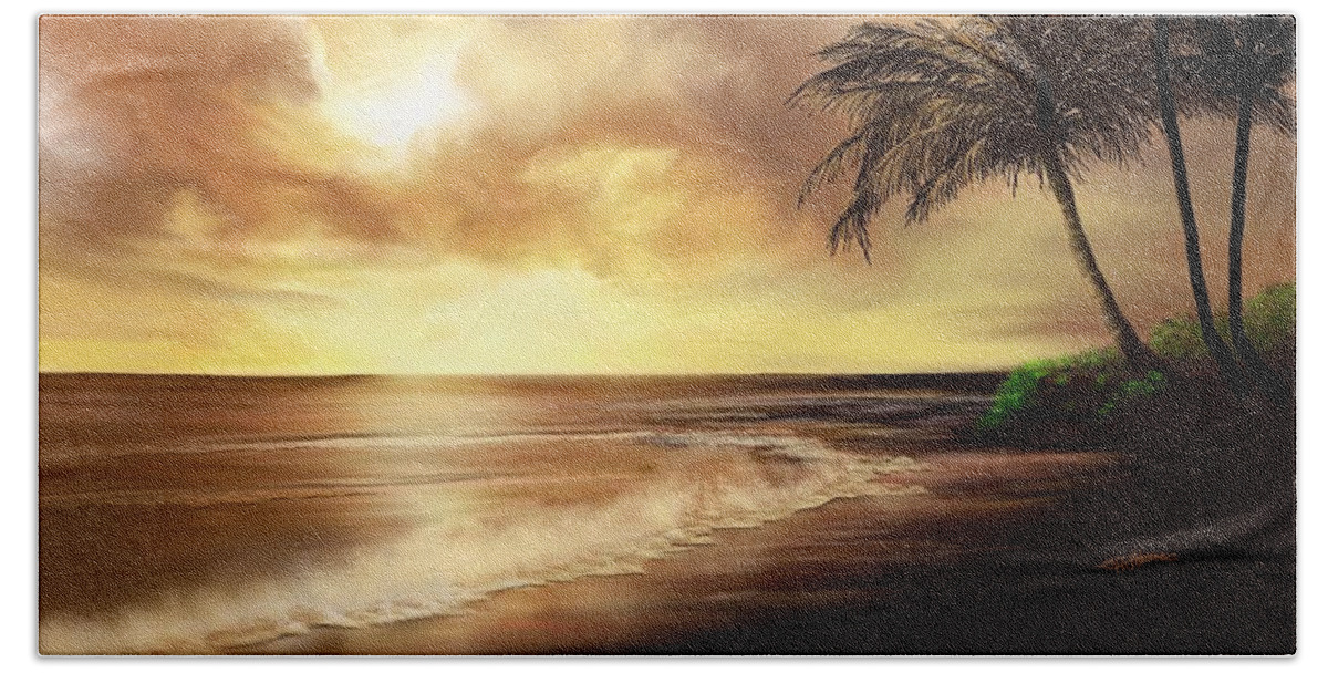 Sea Scape Art Hand Towel featuring the digital art Golden sky over tropical beach by Anthony Fishburne
