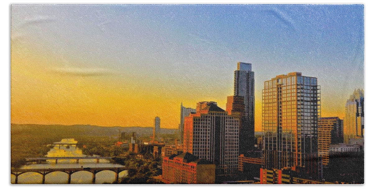 Downtown Austin Hand Towel featuring the photograph Golden Sunset in Austin Texas by Kristina Deane