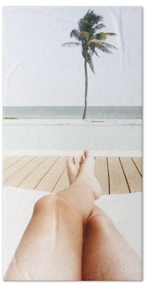 Caucasian; Woman; Female; Lady; Legs; Sexy; Water; Feet; Tan; Pool; Relax; Relaxation; Crossed; Blue; Sunshine; Bright; Naked; Bare; Tanning; Chair; Sitting; Horizon; Ocean; Sea; Lake; Tree; Palm; Warmth; Alone; Solitude; Vacation; Paradise; Deck; Infinity; One; Sunbath; Sunbathing; Simplicity; One; Empty; Deck; Cushion; Water; Sunny Hand Towel featuring the photograph Good Life by Margie Hurwich