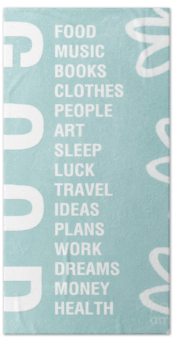 Typography Hand Towel featuring the painting Good Things Blue by Linda Woods