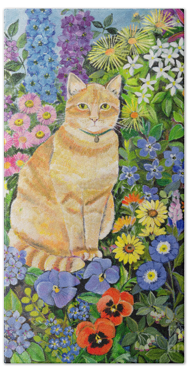 Pansy; Delphinium; Brown-eyed Susan; Lupin; Periwinkle; Ginger Tom Bath Towel featuring the painting Gordon s Cat by Hilary Jones