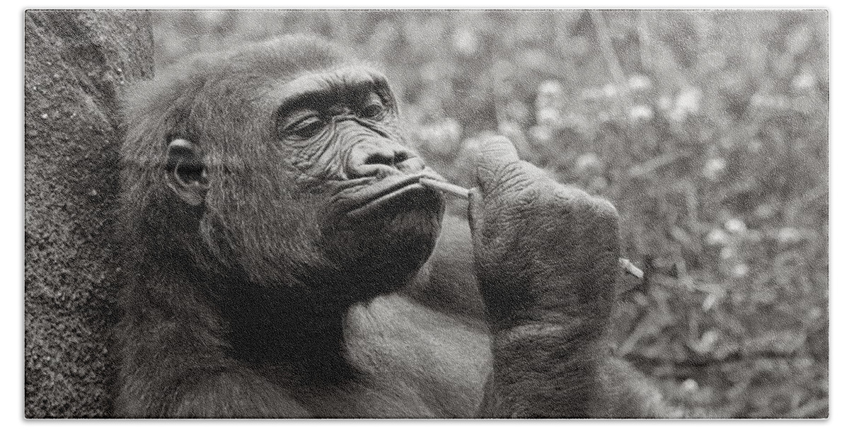 Gorilla Hand Towel featuring the photograph Gorilla Deep in Thought - Black and White by Angela Rath