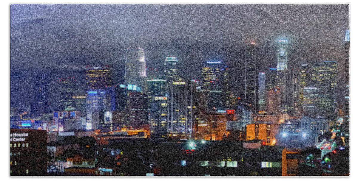 Los Angeles Skyline Hand Towel featuring the photograph Gotham City - Los Angeles Skyline Downtown at Night by Jon Holiday