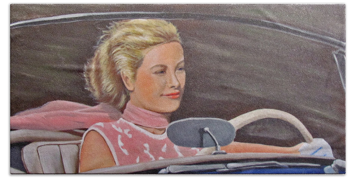 Grace Kelly Bath Towel featuring the painting Grace Kelly - To Catch a Thief by Kevin Hughes