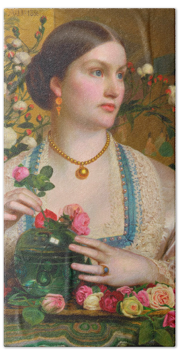Frederick Sandys Bath Towel featuring the painting Grace Rose by Frederick Sandys