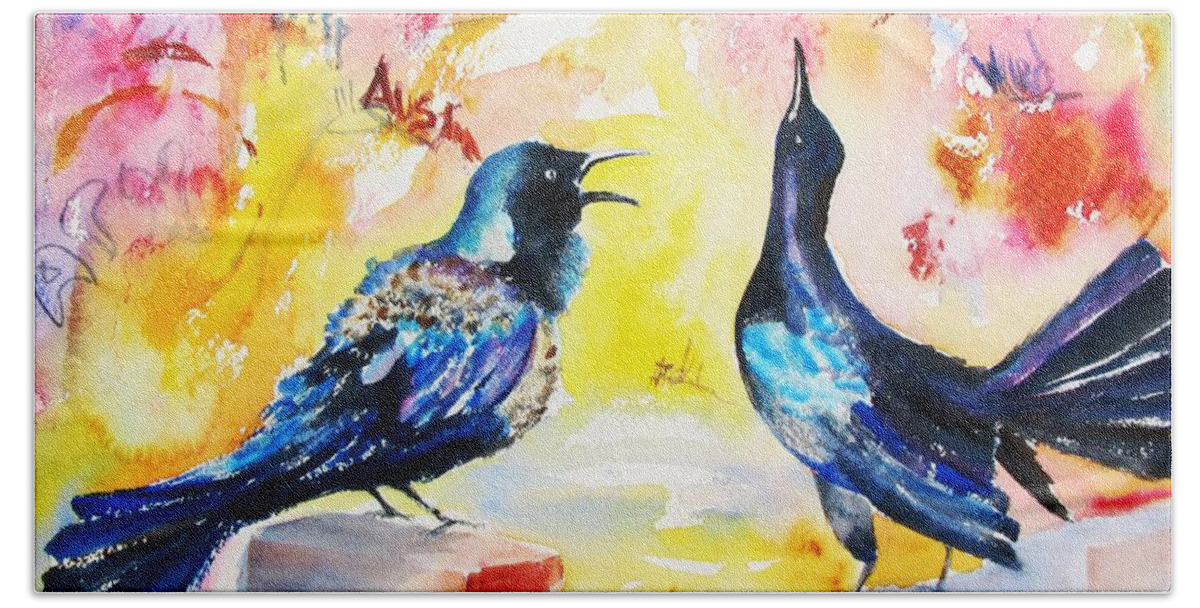 Bird Hand Towel featuring the painting Grackles and Graffiti by Carlin Blahnik CarlinArtWatercolor