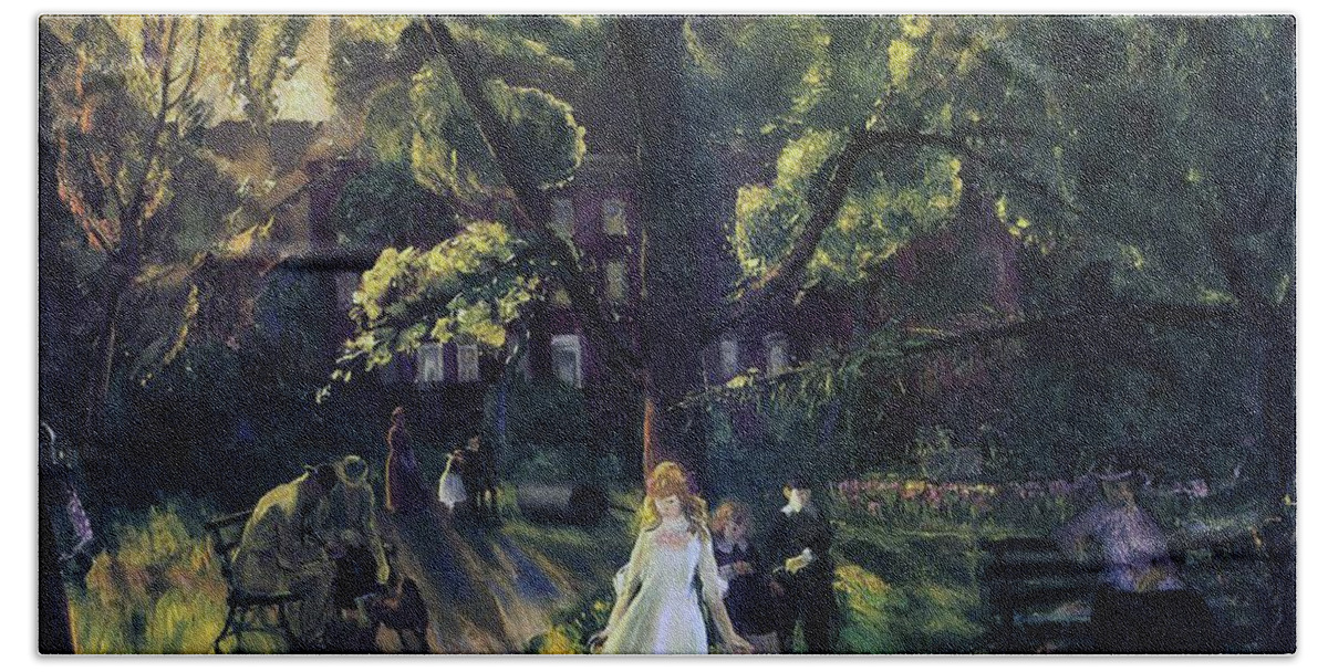 Manhattan; New York; Public Gardens; Bench; Garden; Leisure; Girl; Skipping Rope; Relaxation; C19th; C20th; New York City; Gramercy; Gramercy Park; Neighborhood; Neighborhood Park; New York City Park; Recreation; Park Scene; Stately Home; Jump Rope; Kid; Child; Children; Snapshot; Light; Summer; Summertime; Summer Time; George; Wesley; George Wesley; Bellows; George Wesley Bellows; Oil Paint; Oil Painting; Park Bench; Benches; Relax; Relaxing; Day In The Park; Tree; Trees; White Dress; Frock; Hand Towel featuring the painting Gramercy Park by George Wesley Bellows