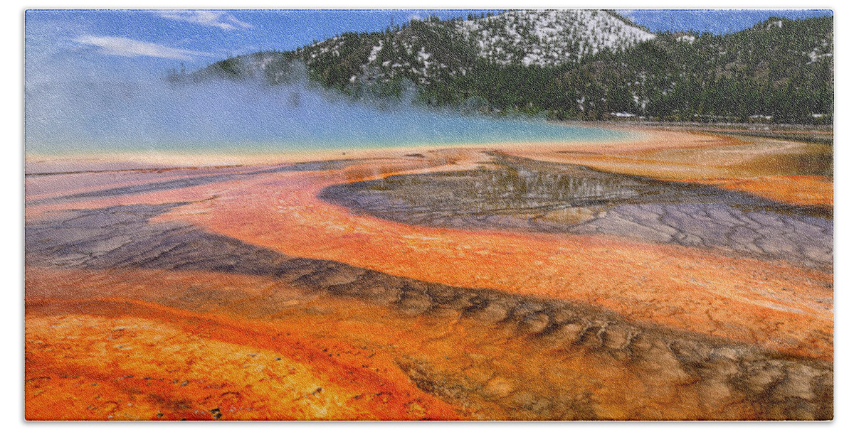 Grand Prismatic Spring Bath Towel featuring the photograph Grand Prismatic Spring Boardwalk View by Greg Norrell