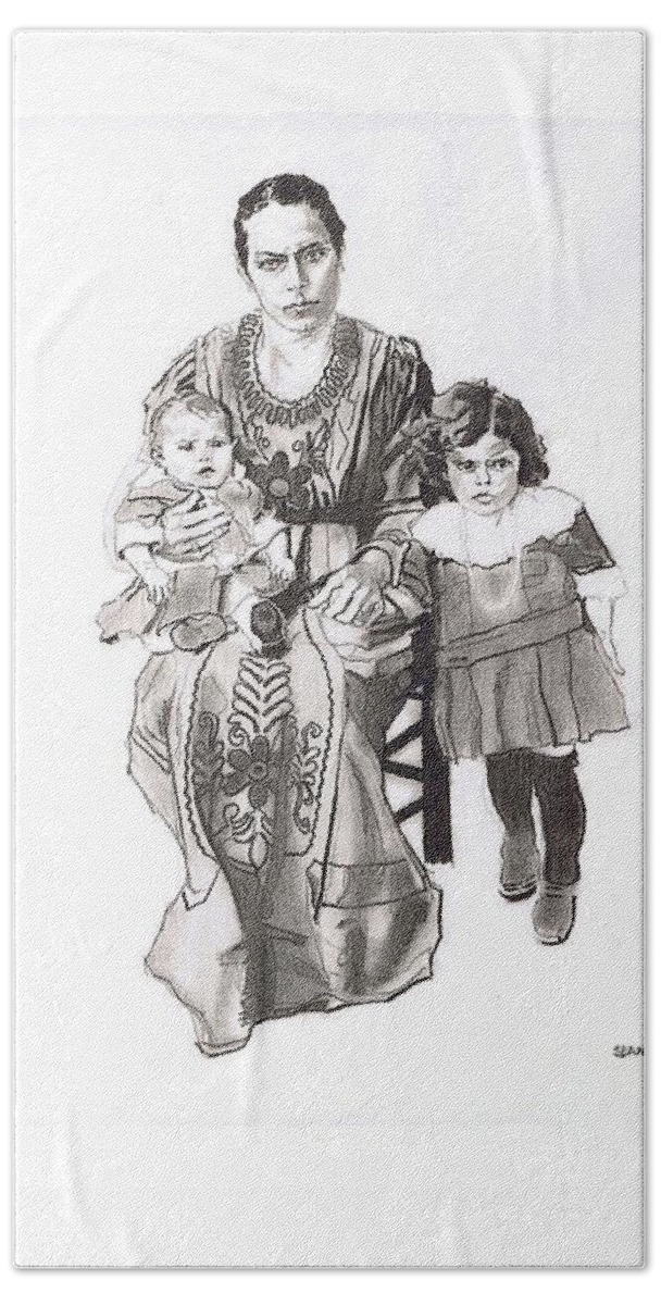 Charcoal Pencil On Paper Bath Towel featuring the drawing Grandma's Family by Sean Connolly