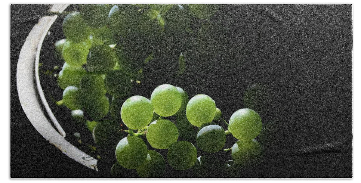 Abstract Lighting Of Grapes-peerful- Art- Abstract Photography- Bright Greens- Plays In Lihgt- Gifts Of Grapes- Still Life Abstract Beauty Of Photography Bath Towel featuring the photograph Grapes and Silver by Rae Ann M Garrett