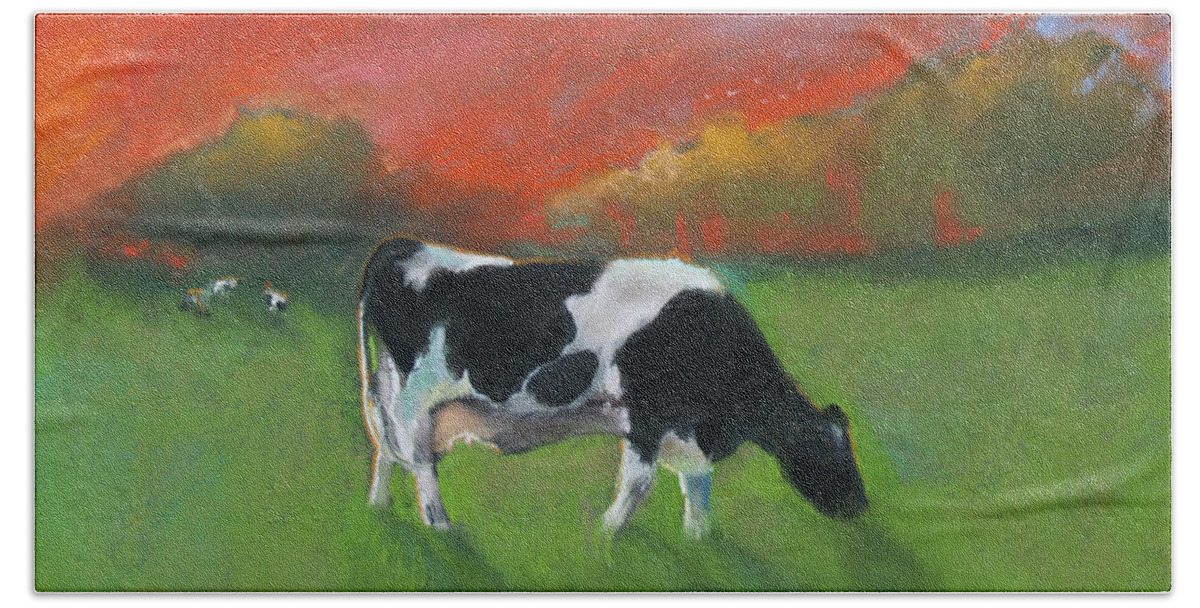 Cow Grazing In A Field With A Red Sky Bath Towel featuring the pastel Grazing Cow by Robin Pedrero