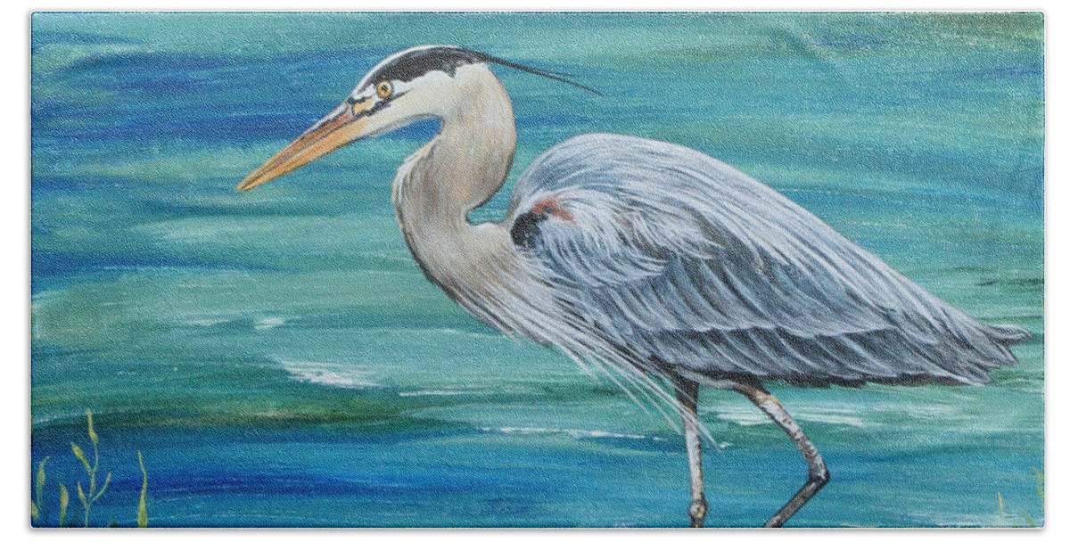 Blue Heron Hand Towel featuring the painting Great Blue Heron-1a by Jean Plout