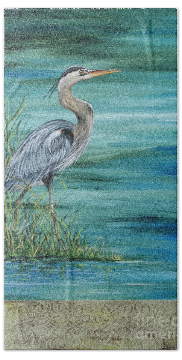 Botanical Bath Towel featuring the painting Great Blue Heron 2 by Jean Plout