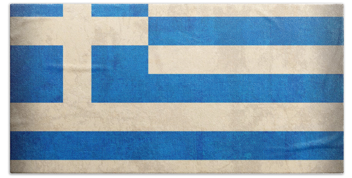 Greece Greek Athen Hellenic Ruins Acropolis Flag Vintage Distressed Finish Bath Towel featuring the mixed media Greece Flag Vintage Distressed Finish by Design Turnpike