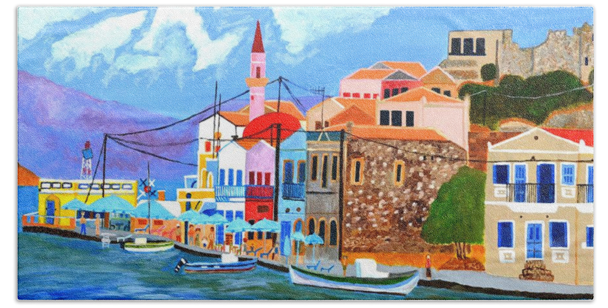 Sea Bath Towel featuring the painting Greek coast by Magdalena Frohnsdorff