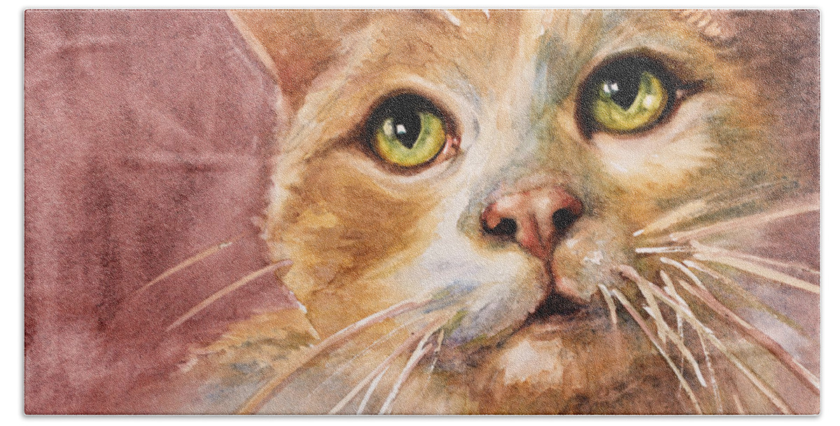 Cat Bath Towel featuring the painting Green Eyes by Judith Levins