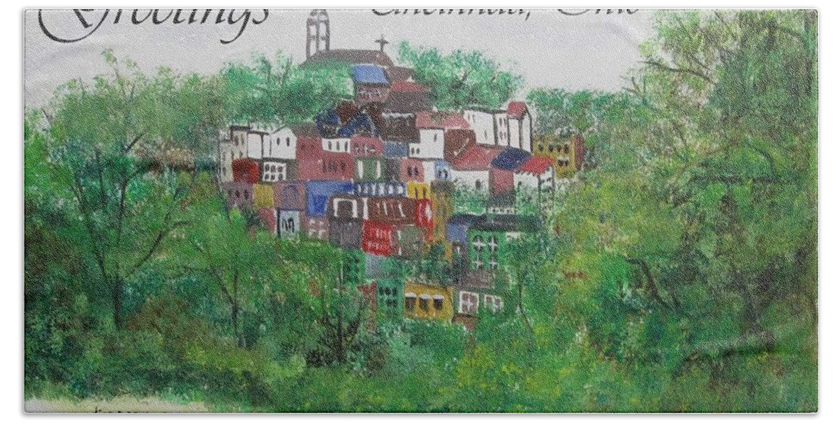 Mt. Adams Hand Towel featuring the painting Greetings from Cincinnati Ohio by Diane Pape