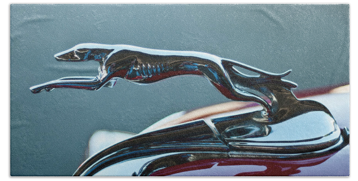 Greyhound Bath Towel featuring the photograph Greyhound Hood Ornament by Ron Roberts