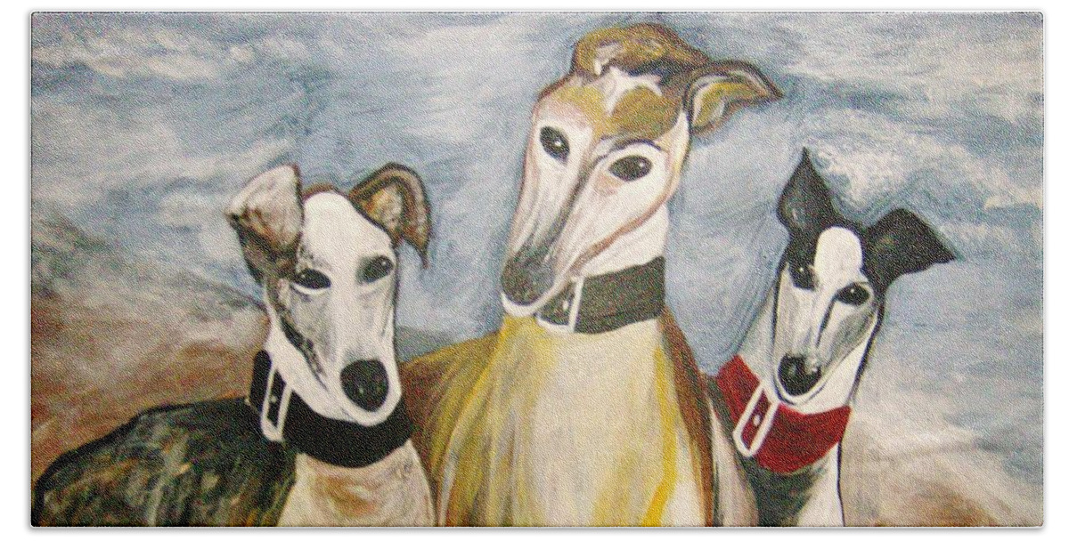 Greyhounds Hand Towel featuring the painting Greyhounds by Leslie Manley