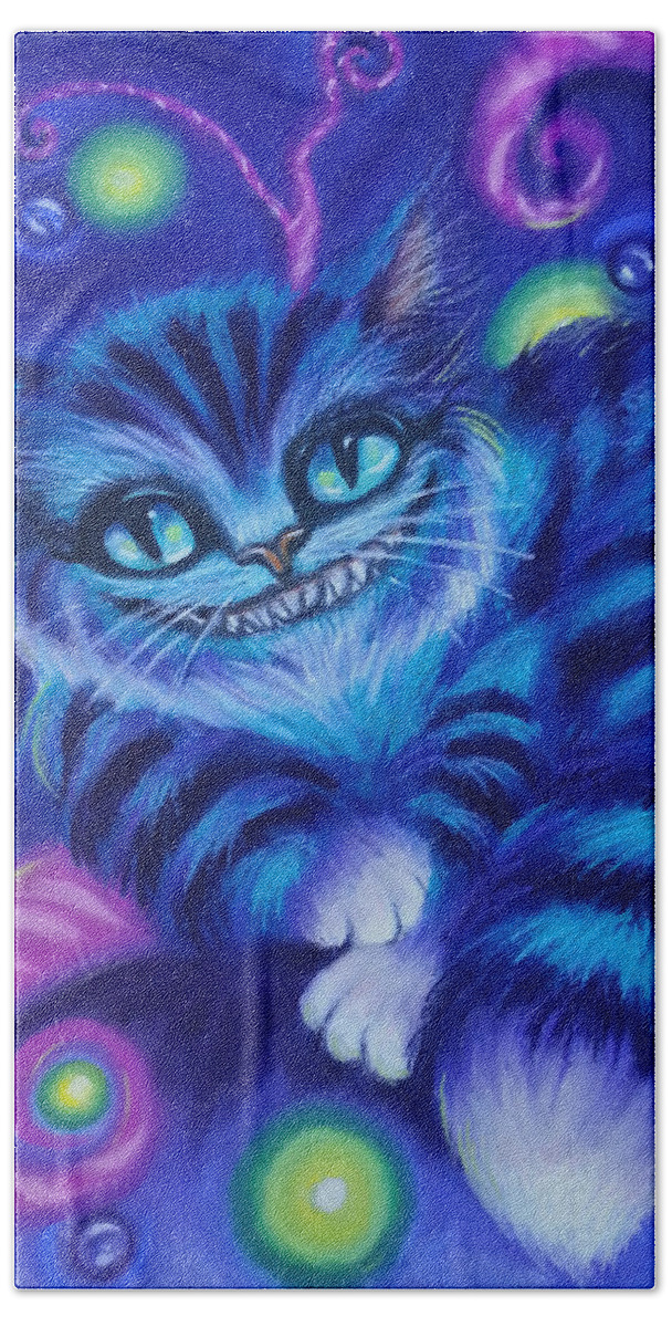 Cheshire Cat Wonderland Purple Green Turquoise Smile Grin Spooky Fantasy Jewel Hand Towel featuring the pastel Grin by Brenda Salamone