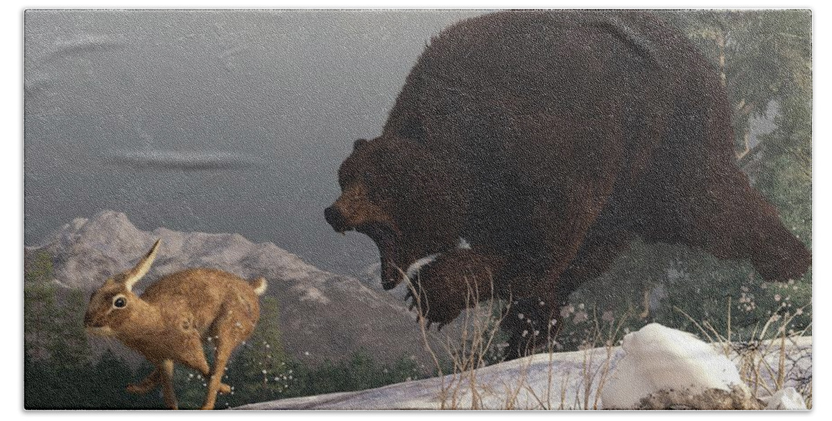Bear Bath Towel featuring the digital art Grizzly Bear Chasing Rabbit by Daniel Eskridge