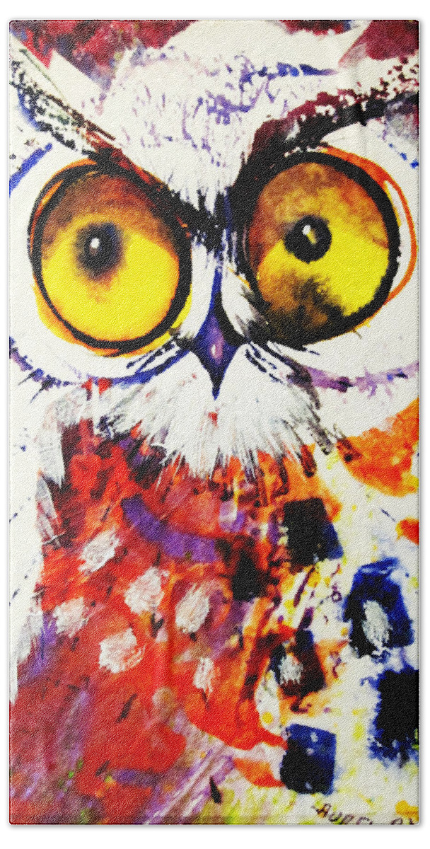 Moon Hand Towel featuring the painting Groucho Owl by Laurel Bahe