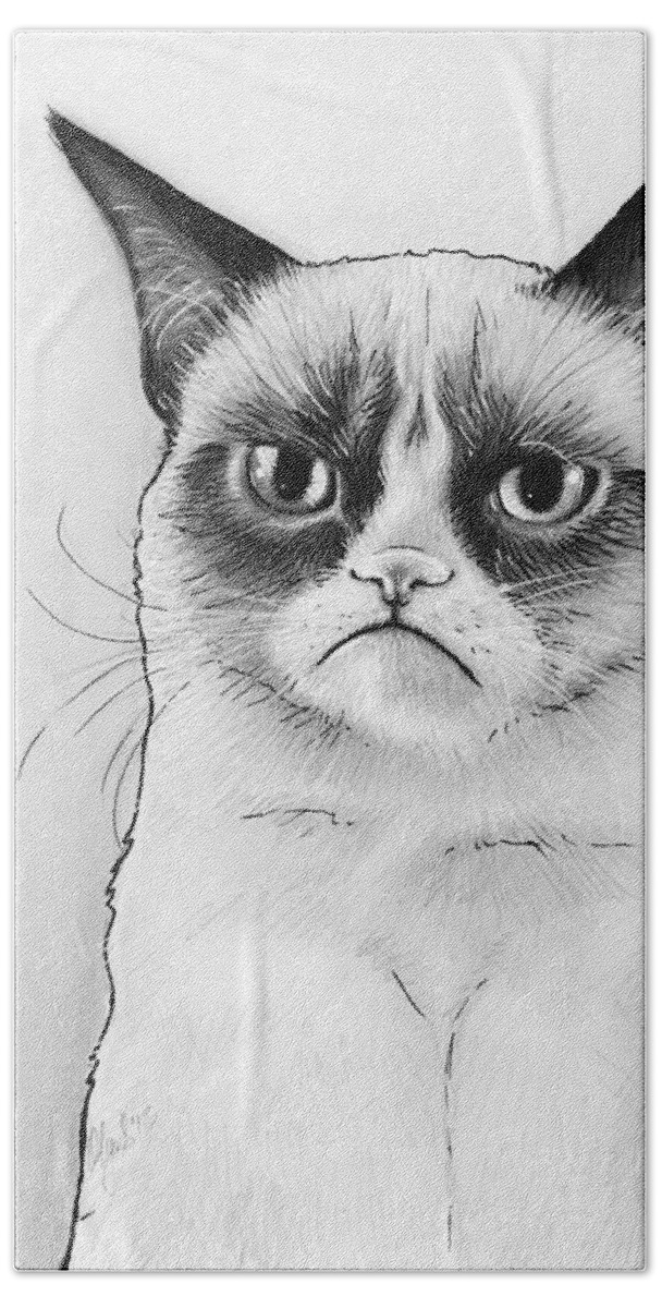 Grumpy Cat Hand Towel featuring the drawing Grumpy Cat Portrait by Olga Shvartsur