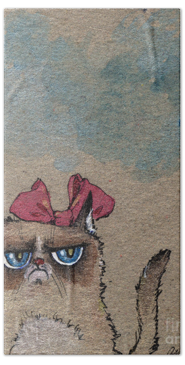 Cat Bath Towel featuring the painting Grumpy Cat With Red Ribbon by Ang El