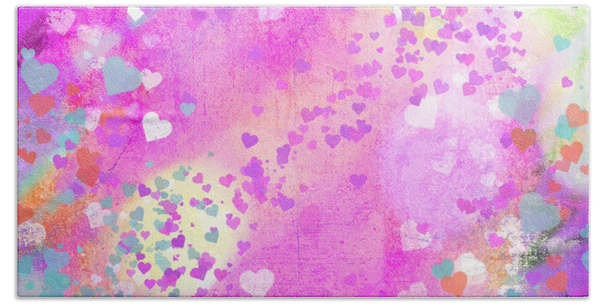 Pink Bath Towel featuring the mixed media Grunge Hearts Abstract Art I by Marianne Campolongo