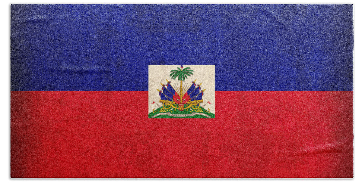 Haiti Bath Towel featuring the mixed media Haiti Flag Vintage Distressed Finish by Design Turnpike