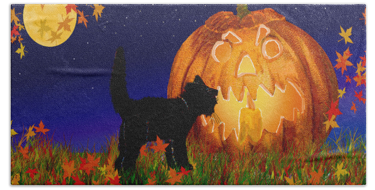 Halloween Bath Towel featuring the painting Halloween Black Cat Meets The Giant Pumpkin by Michele Avanti