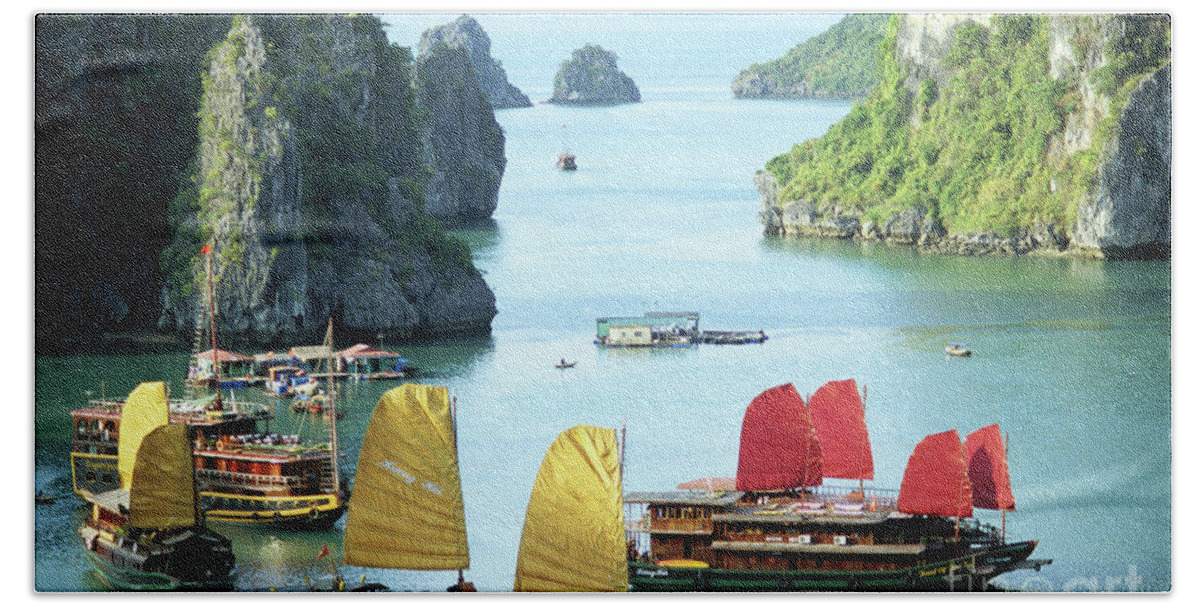 Vietnam Hand Towel featuring the photograph Halong Bay Sails 01 by Rick Piper Photography