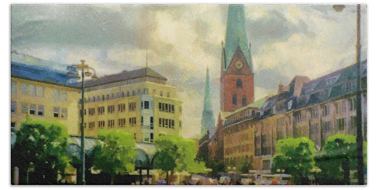 Europe Hand Towel featuring the painting Hamburg Street Scene by Jeffrey Kolker