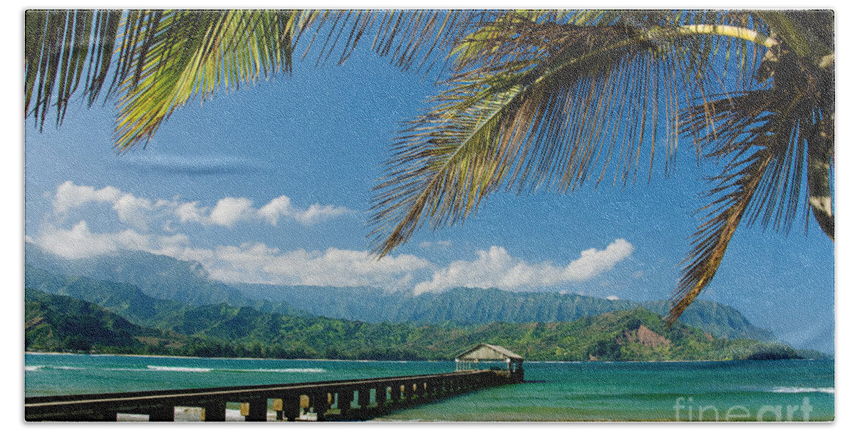 Bay Hand Towel featuring the photograph Hanalei Pier and beach by M Swiet Productions