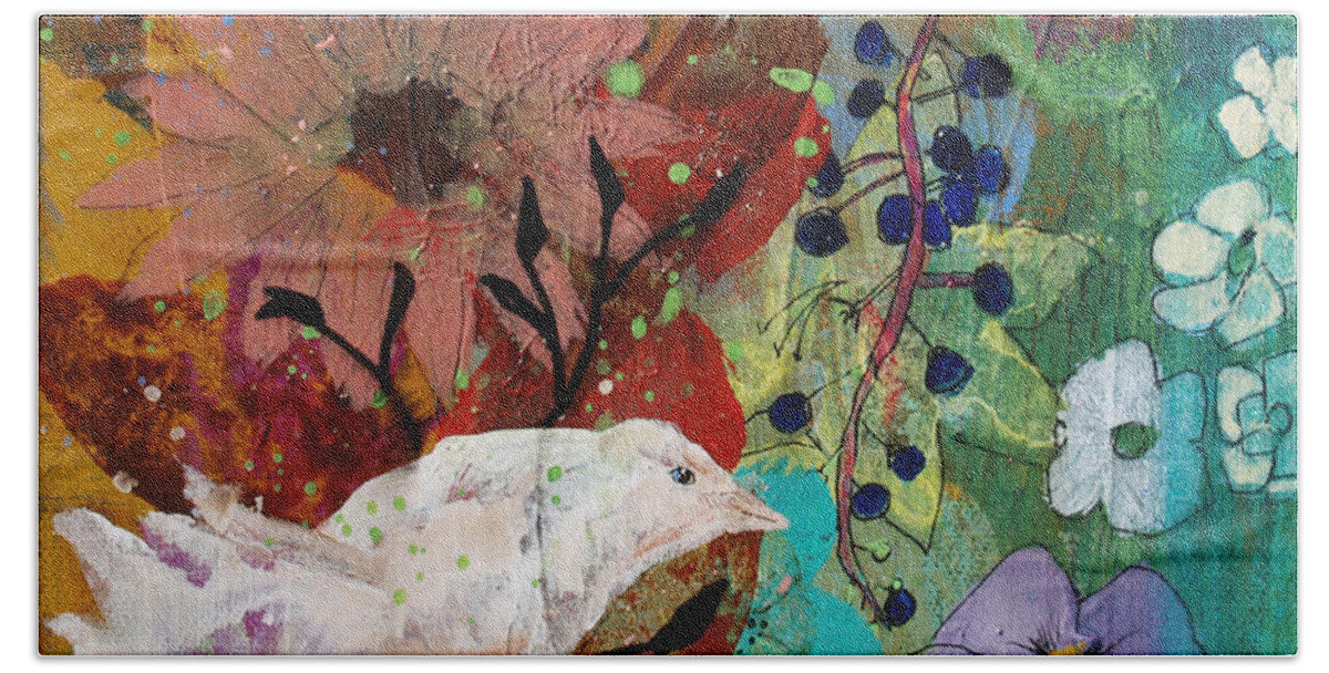White Bird Bath Towel featuring the painting Happiness by Robin Pedrero