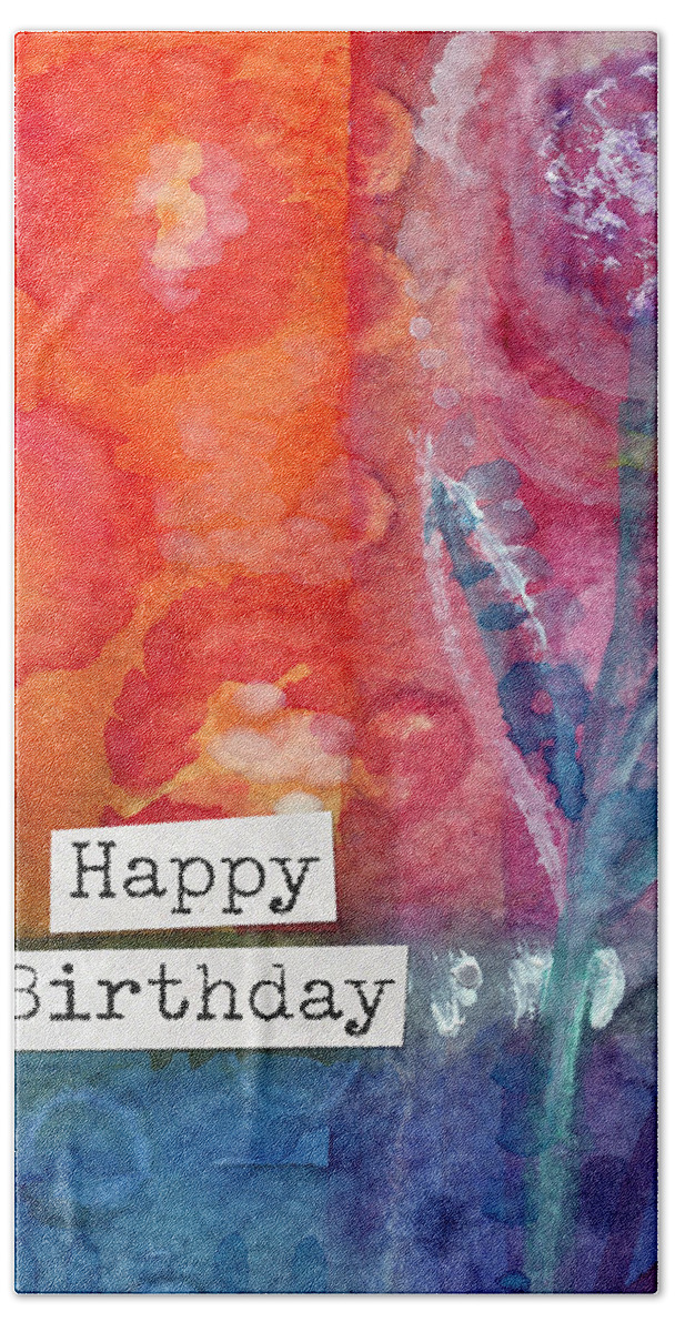#faaAdWordsBest Bath Sheet featuring the painting Happy Birthday- watercolor floral card by Linda Woods