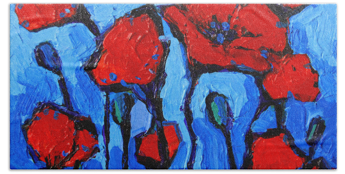 Happy Coquelicots Hand Towel featuring the painting Happy Coquelicots by Mona Edulesco