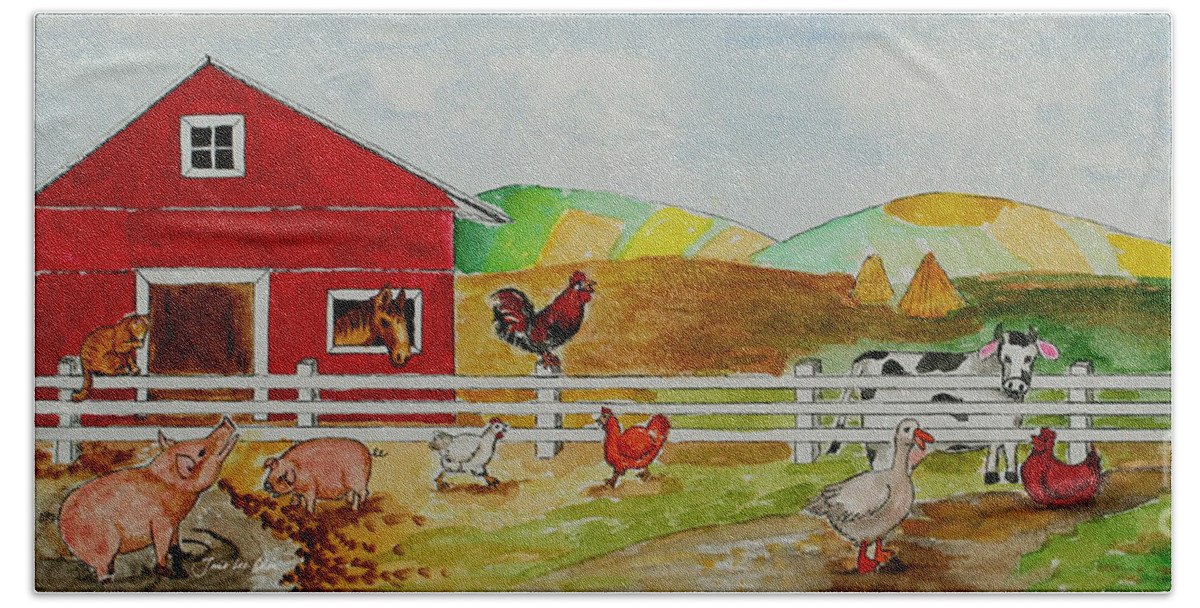 Farm Bath Towel featuring the painting Happy Farm by Janis Lee Colon