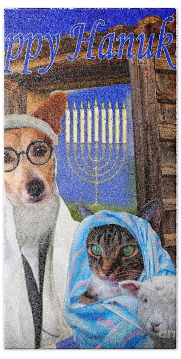 Canine Thanksgiving Bath Towel featuring the digital art Happy Hanukkah -1 by Kathy Tarochione