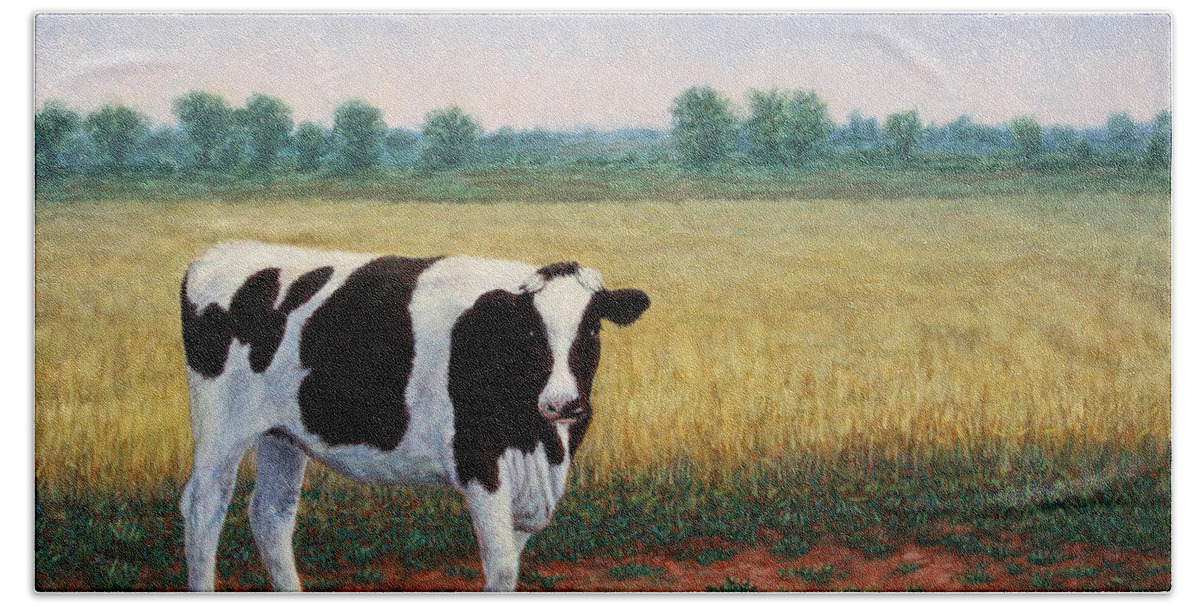 Happy Hand Towel featuring the painting Happy Holstein by James W Johnson