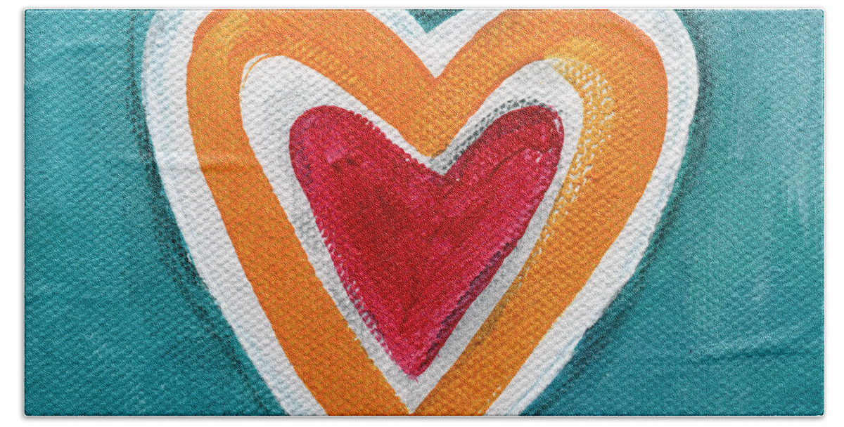 Love Hearts Romance Family Valentine Painting Heart Painting Blue Orange White Red Watercolor Ink Pop Art Bold Colors Bedroom Art Kitchen Art Living Room Art Gallery Wall Art Art For Interior Designers Hospitality Art Set Design Wedding Gift Art By Linda Woods Kids Room Art Dorm Room Pillow Bath Sheet featuring the painting Happy Love by Linda Woods