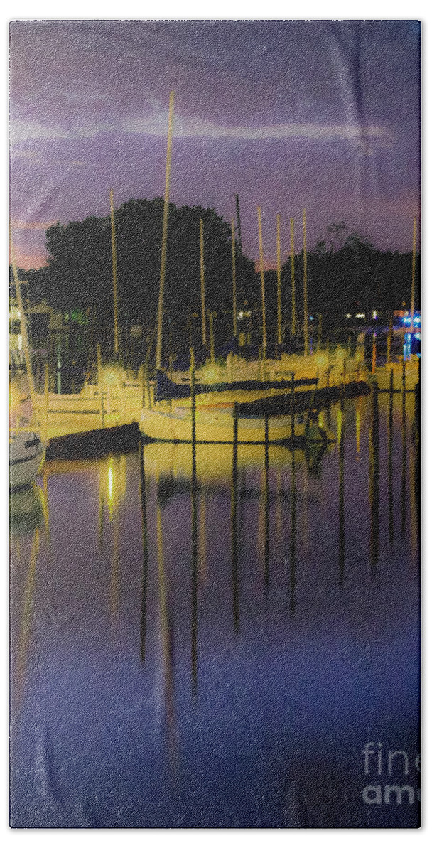 Boats Hand Towel featuring the photograph Harbor At Night by Michael Arend