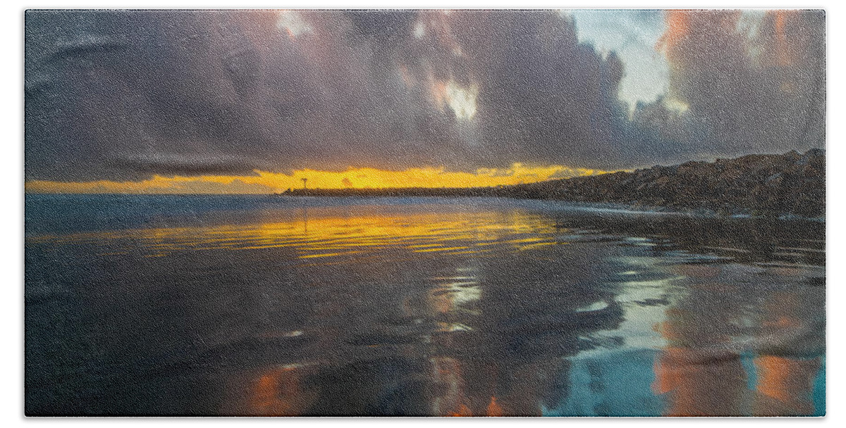 California; Long Exposure; Ocean; Reflection; San Diego; Seascape; Sunset; Surf; Clouds Hand Towel featuring the photograph Harbor Jetty Reflections Square by Larry Marshall