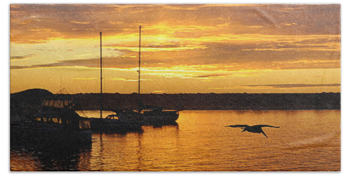 Scenic Bath Towel featuring the photograph Harbor Sunset by AJ Schibig