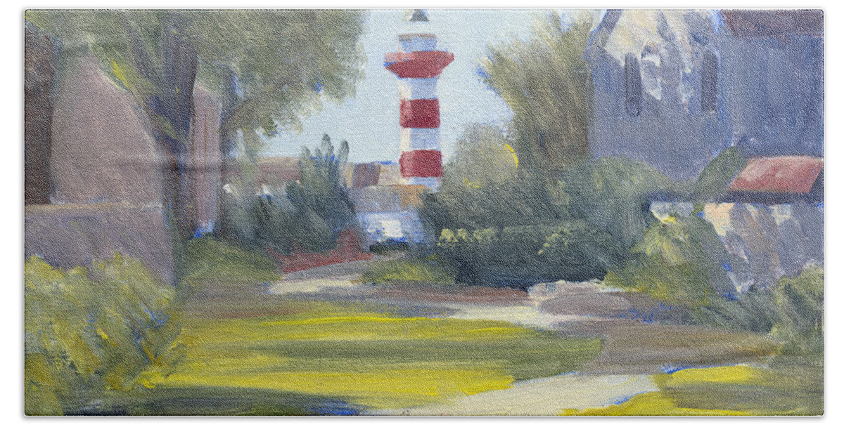 Best Known And Best Loved Landmark Bath Towel featuring the painting Harbour Town Lighthouse Path by Candace Lovely