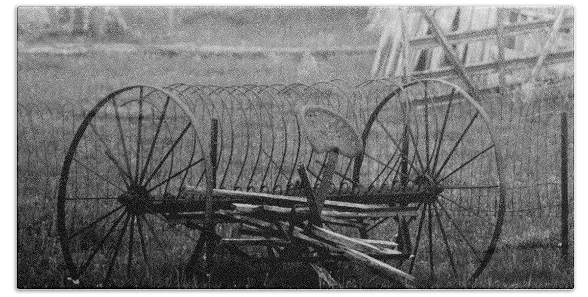 Black And White Hand Towel featuring the photograph Hay Rake by Eric Liller