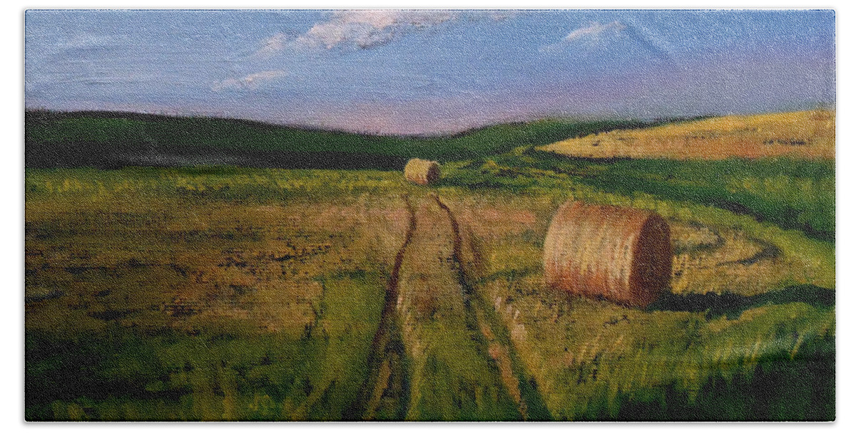 Farm Bath Towel featuring the painting Hay Rolls on the Field by Christopher Shellhammer