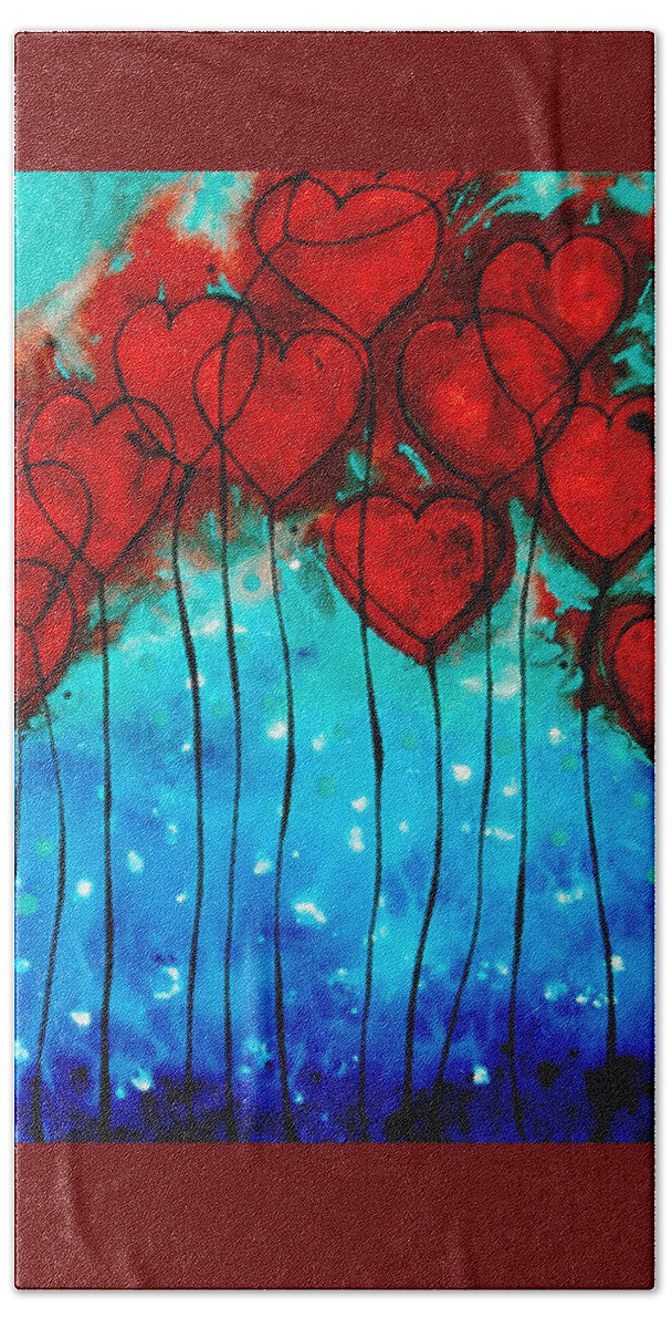 Red Hand Towel featuring the painting Hearts on Fire - Romantic Art By Sharon Cummings by Sharon Cummings