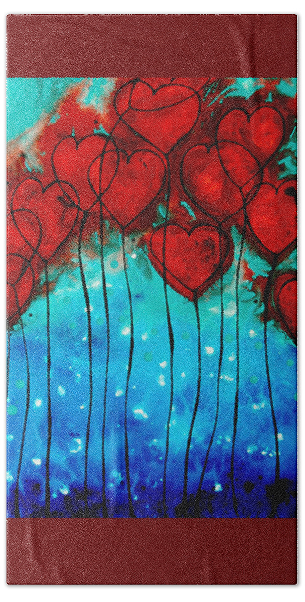 Red Bath Towel featuring the painting Hearts on Fire - Romantic Art By Sharon Cummings by Sharon Cummings