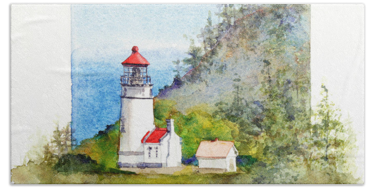Heceta Head Lighthouse Bath Towel featuring the painting Heceta Head Lighthouse by Bonnie Rinier